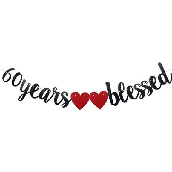 60 Years Blessed Banner,Pre-Strung, Black Paper Glitter Party Decorations For 60TH Wedding Anniversary 60 Years Old 60TH Birthday Party Supplies Letters Black