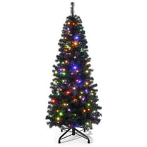 Uforic 6ft Pre-Lit Artificial Pencil Christmas Tree,Hinged Artificial Slim Christmas Tree with 700 Branch Tips, 200 Lights, for Home, Office, and Party Decor,Black