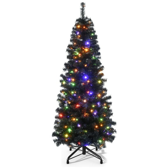 Uforic 6ft Pre-Lit Artificial Pencil Christmas Tree,Hinged Artificial Slim Christmas Tree with 700 Branch Tips, 200 Lights, for Home, Office, and Party Decor,Black
