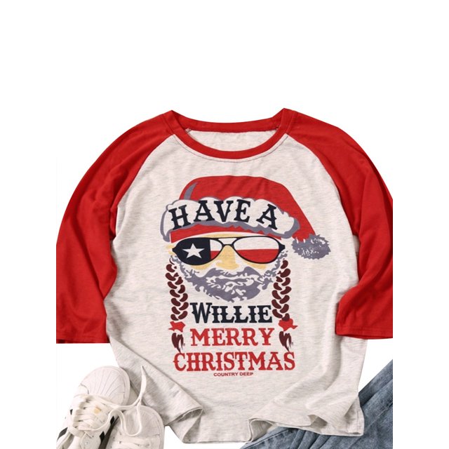 DYMADE Women Merry Christmas Baseball T Shirts Long Sleeve Raglan Plaid Truck Tree Graphic Splicing Top