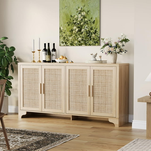 4-Door Sideboard Buffet Cabinet, Natural Rattan Storage Cabinet with Storage, Boho Entryway Console Table, Farmhouse Coffee Bar Station with 4 Doors for Dinning Room, Living Room, Kitchen
