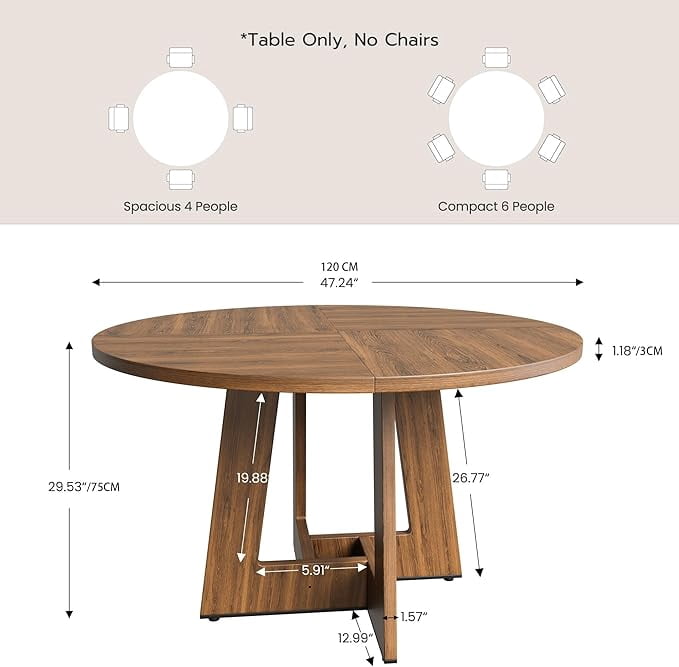 Gelloan 47" Round Dining Table for 4-6 Persons, Modern Farmhouse Wooden Kitchen Table for Dining Room Kitchen,Brown (Only Table)