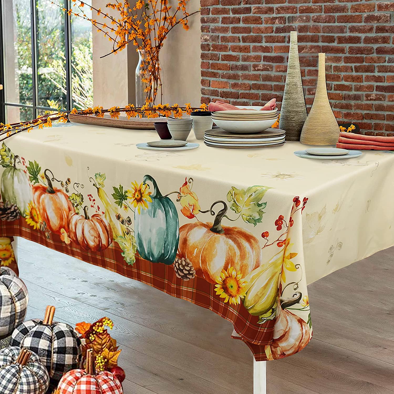 Fall Thanksgiving Tablecloth Pumpkin, Buffalo Plaid Thanksgiving Table