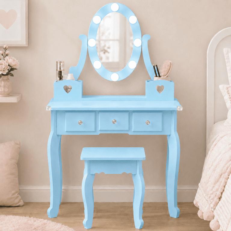 blue dressing table Makeup Vanity Table Set 3 LED Lighted Mirror Cushion Stool Blue