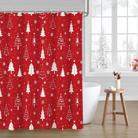 Rideau de Douche de Noël Arbre de Noël Rideaux de Douche pour Salle de Bain Rouge Flocon de Neige Décoration de Salle de Bain Lavable Tissu Durable Rideaux de Douche 72x72 Pouces