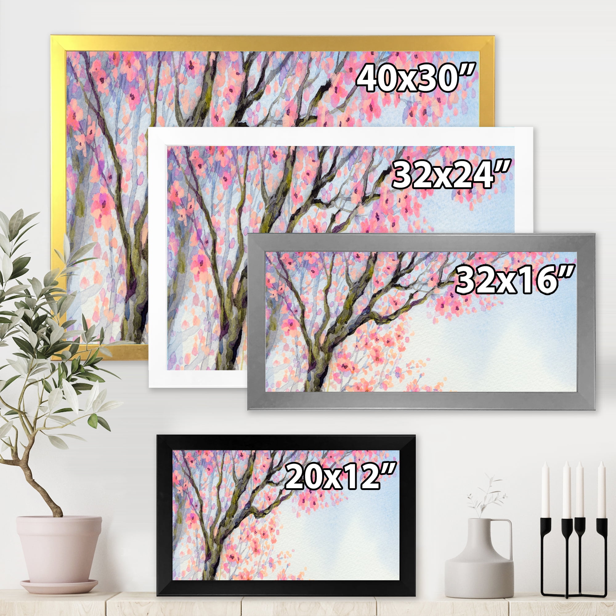 Beautiful Pink Bird Sitting On Flowering Branch 32 in x 24 in Framed Painting Canvas Art Print, by Designart
