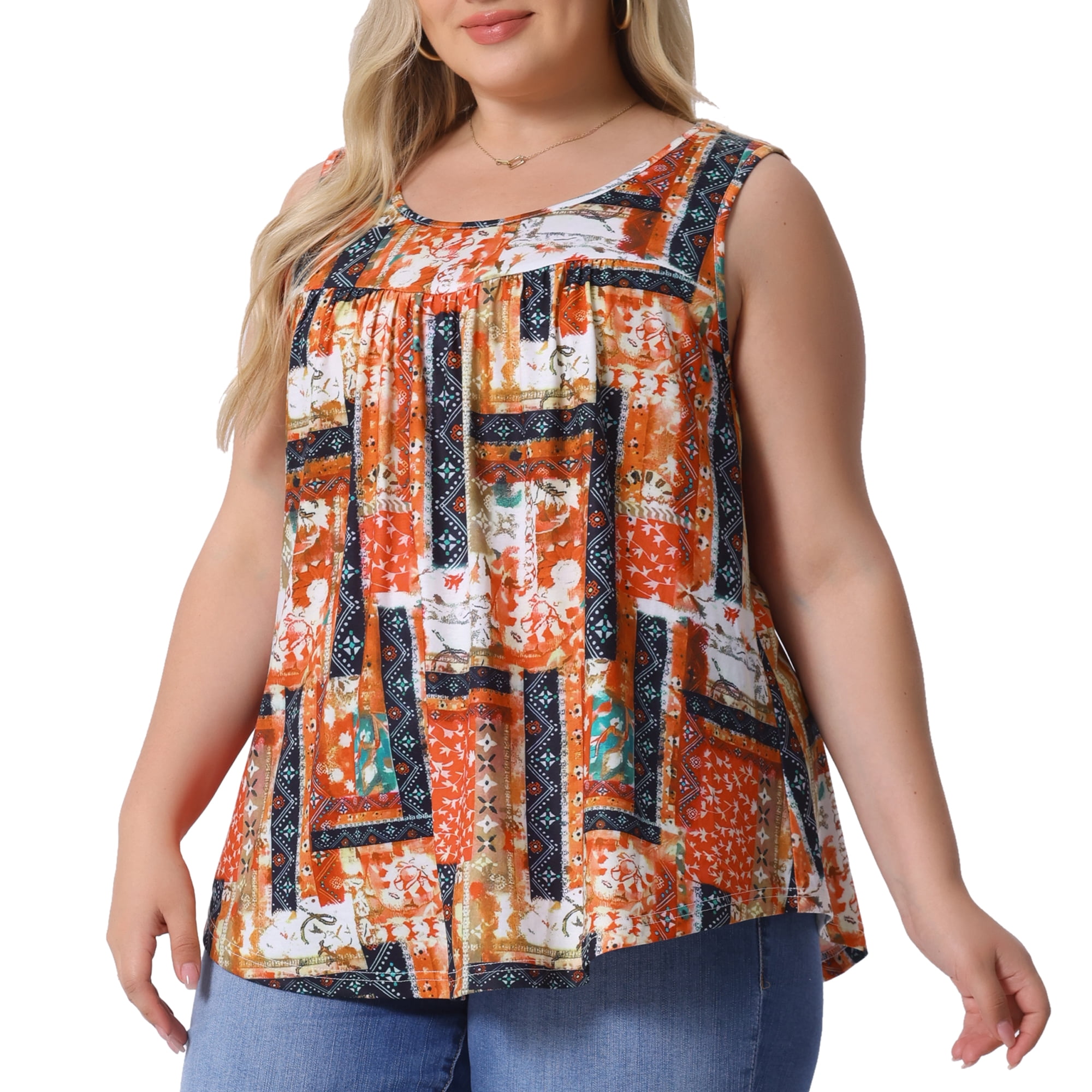DARING DIVA Women's Plus Crew Neck Boho Pleated Curved Hem Tank Top Blouse 2X Orange