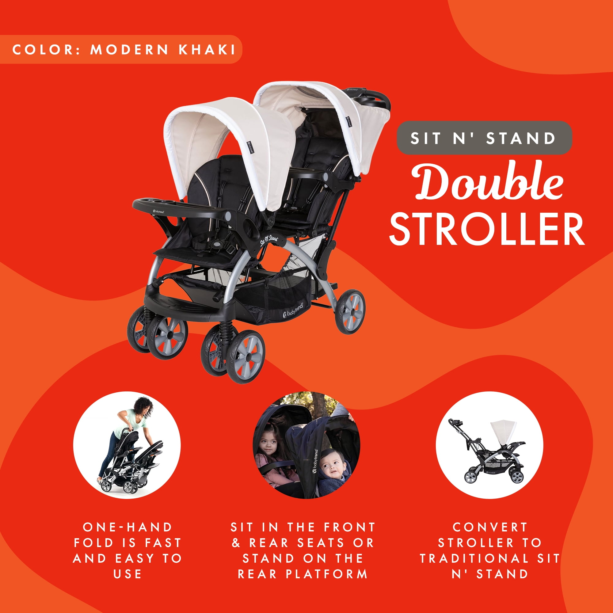 Baby Trend Sit N' Stand Easy Fold Travel Toddler  Baby Double Stroller, Khaki