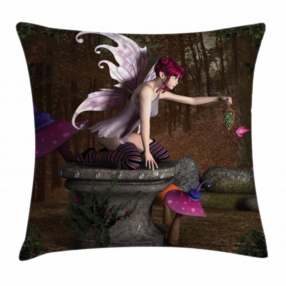 Fairy Throw Pillow Cushion Cover, Three Dimensional Mythical Creature Design with Magical Artifact on Pedestal Forest, Decorative Square Accent Pillow Case