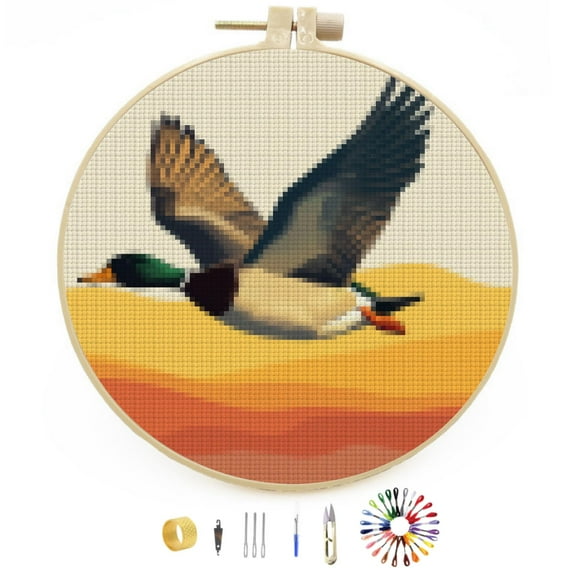 DIY Stamped Cross Stitch Kits Flying Mallard under Sunset Easy for Beginners with Hoop 11CT Counted Embroidery Needlepoint Crafts Arts for Handmade Enthusiasts and Home Decor 30x30cm(4)