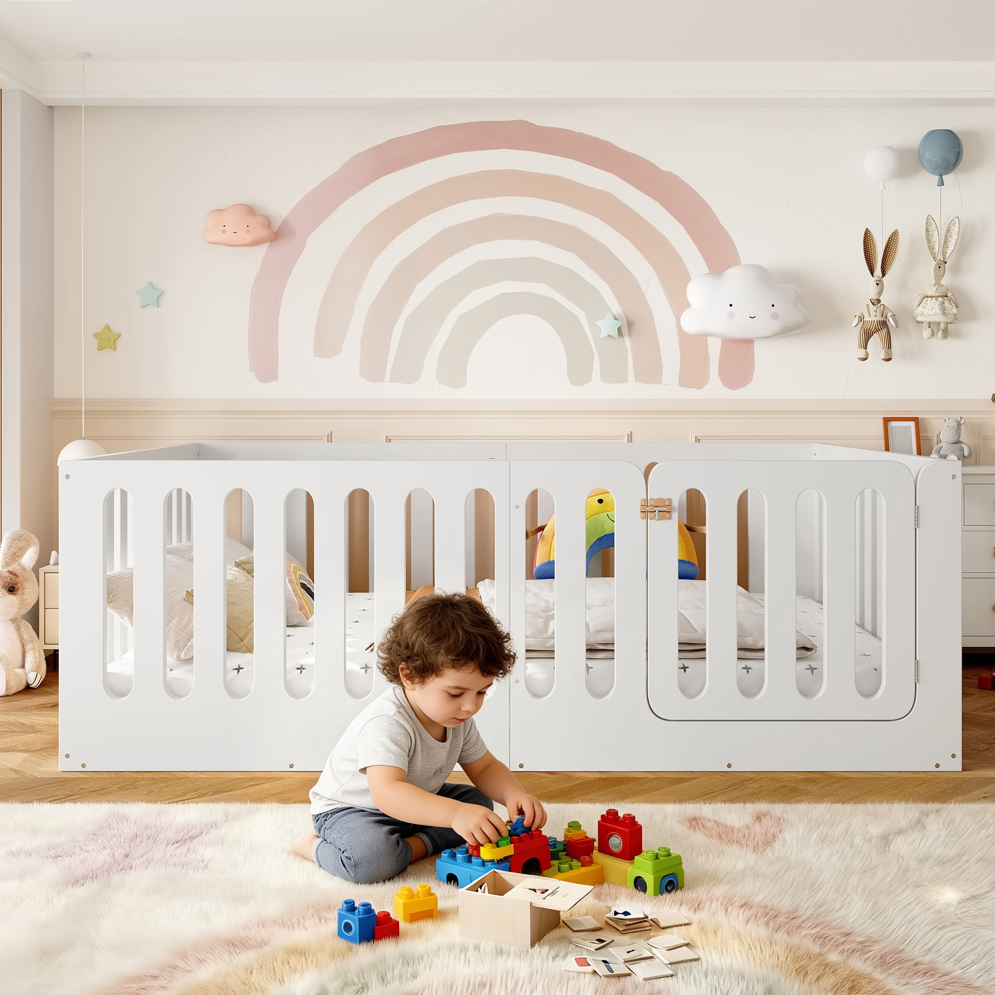 Full Size Floor Bed with High Fence for Kids, Solid Wood Kids Montessori Bed with Door, low-profile and No Box Spring Needed Design, White.(Patent Protection)