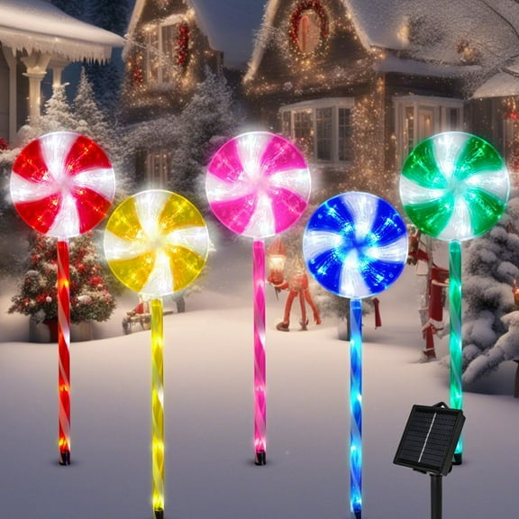 5 Pack Outdoor Christmas Decorations Solar Pathway Lights, Set of 5 Lollipops Stake Lights, 8 Modes Candy Cane Walkside Lights, Outdoor Xmas Decoration for Walkway,Yard