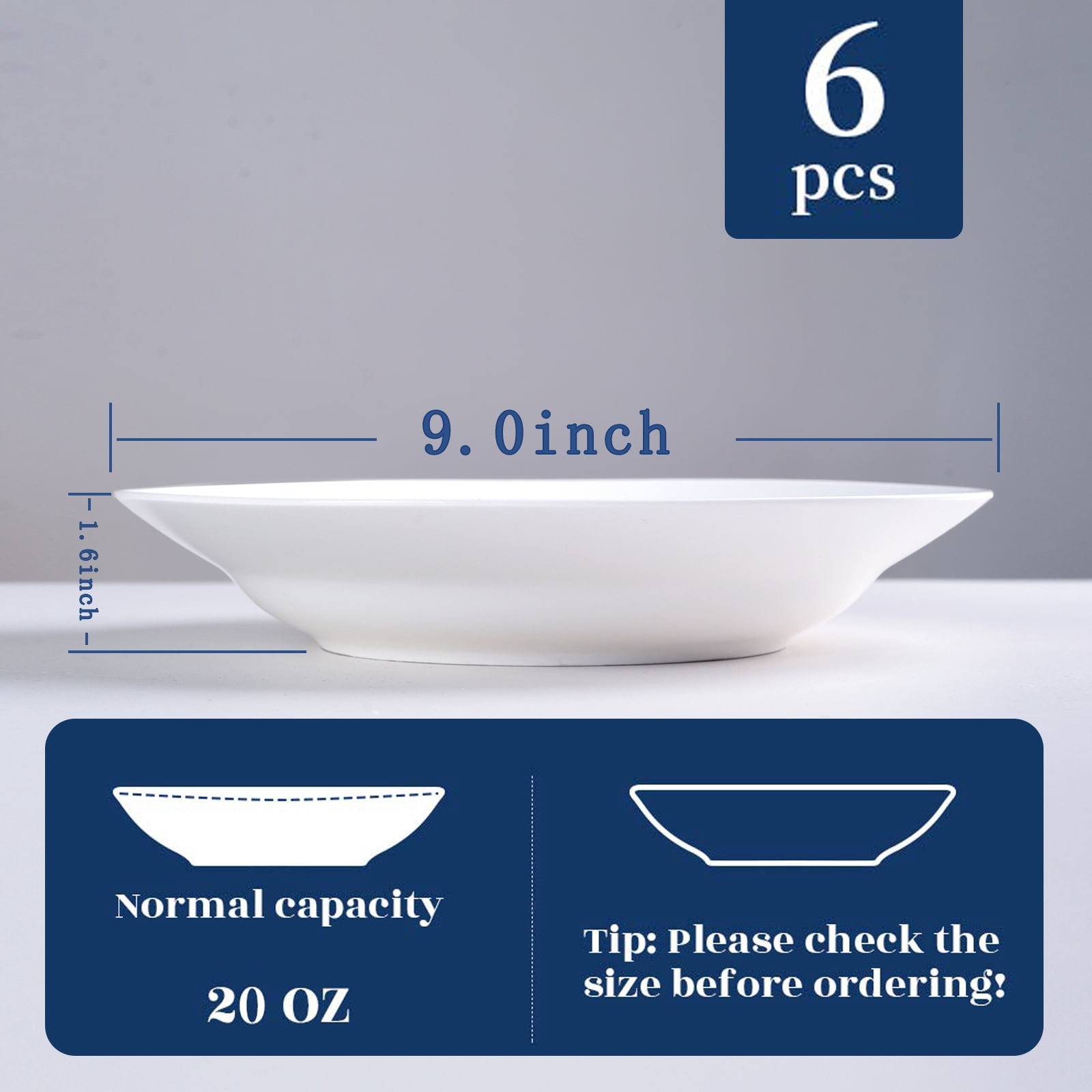 Hendoct 6-Piece 9-Inch Pure White Ceramic Soup Plates, 21oz Deep Round Dinner Plates, Microwave & Dishwasher Safe