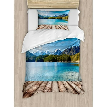 Ambesonne Scenery Snowy Mountain Tops from Old Wood Deck Pier by Sea Idyllic Calm Coastal Charm Duvet Cover