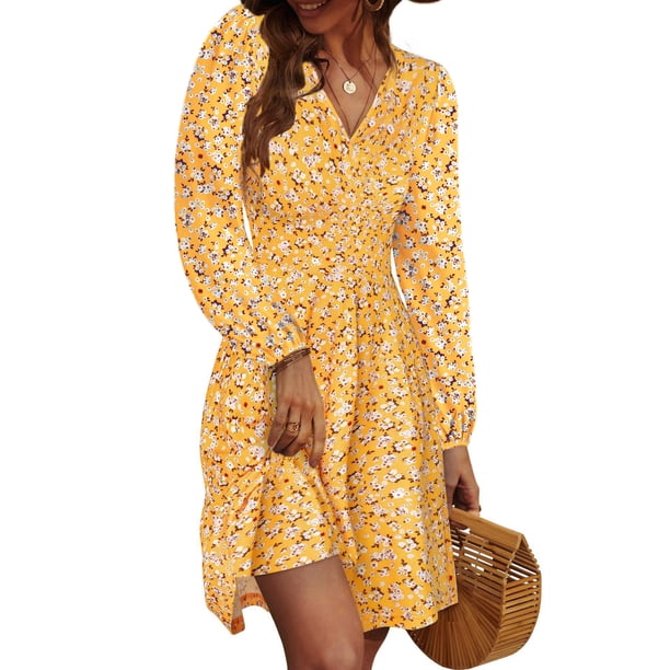 UVN Vestidos de Otoño para Mujer, Vestido Midi de Manga Larga con Cuello en V y Corte a, Vestido Veraniego con Estampado Floral de Playa Boho