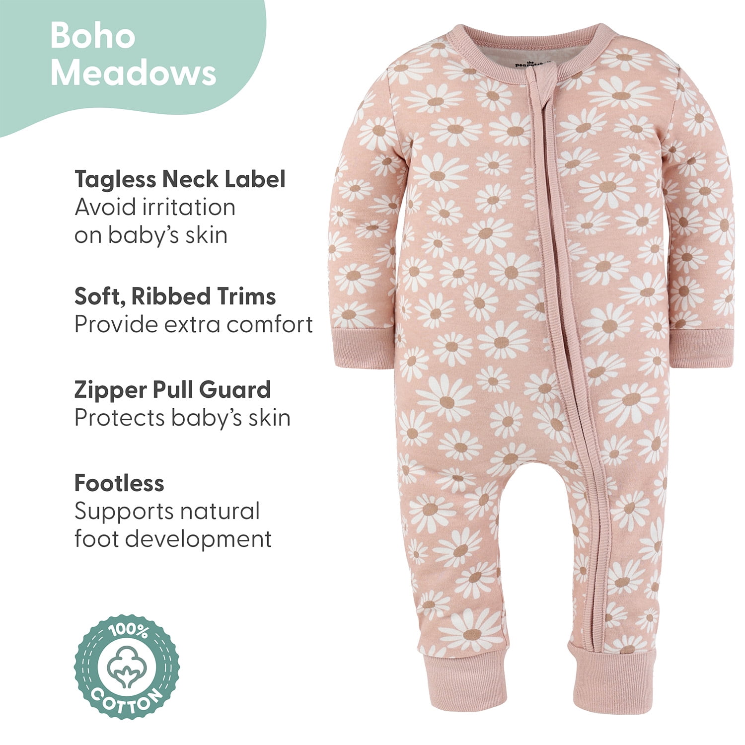 The Peanutshell Boho Meadow Baby Pajamas, Footless Baby Sleepers, Pink-Sage Green, 9-12 Months, 2-Pack