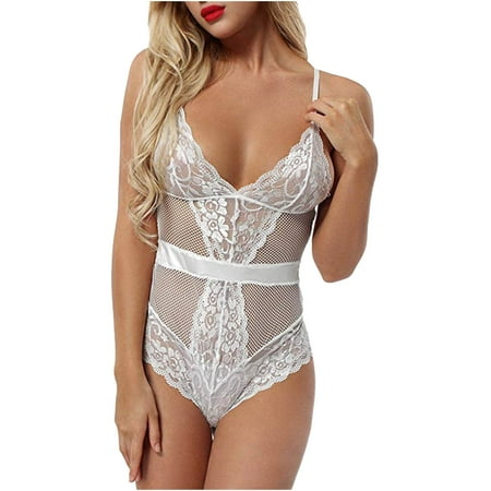 

Leesechin Lingerie for Women Clearance Lace Bodysuit V-Neck Lace Babydoll Short Jumpsuit Pajamas