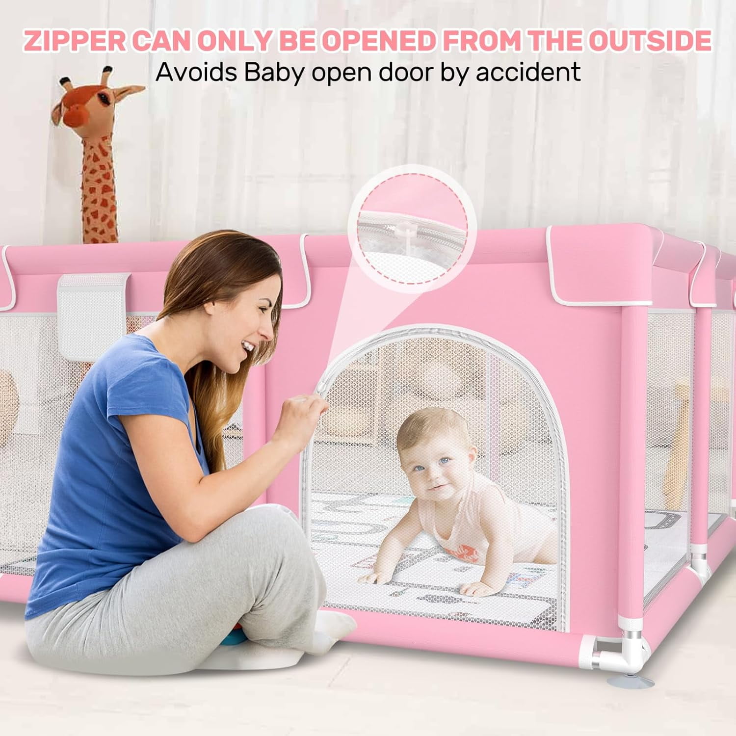 kmaier Baby Playpen, Large Indoor and Outdoor Play Yards, 360° Visibility , for Toddler-Pink