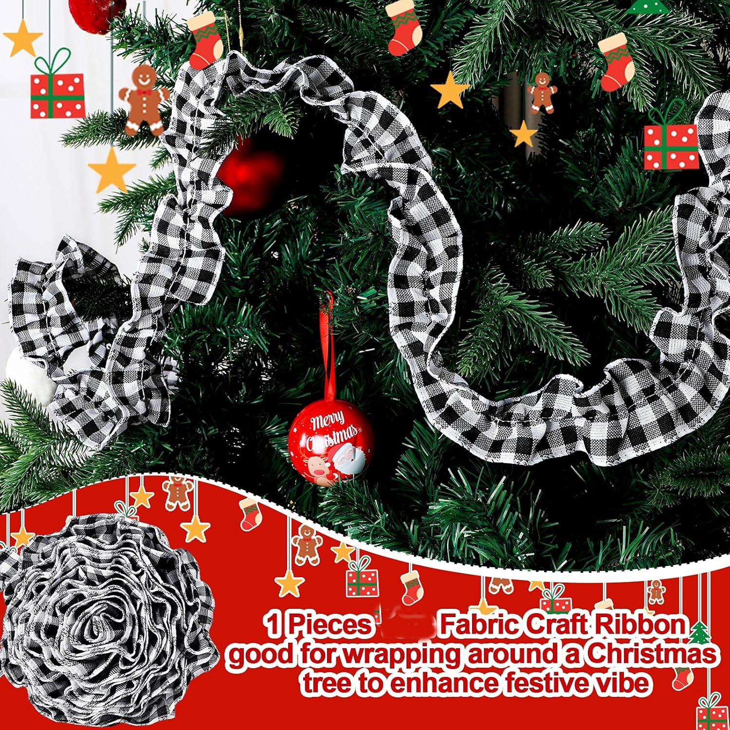 27ft Christmas Buffalo Plaid Ribbon Ruffled Homespun Fabric Garland, Christmas Tree Ribbon Decorations for Christmas Home Wreath Staircase Tree Decor