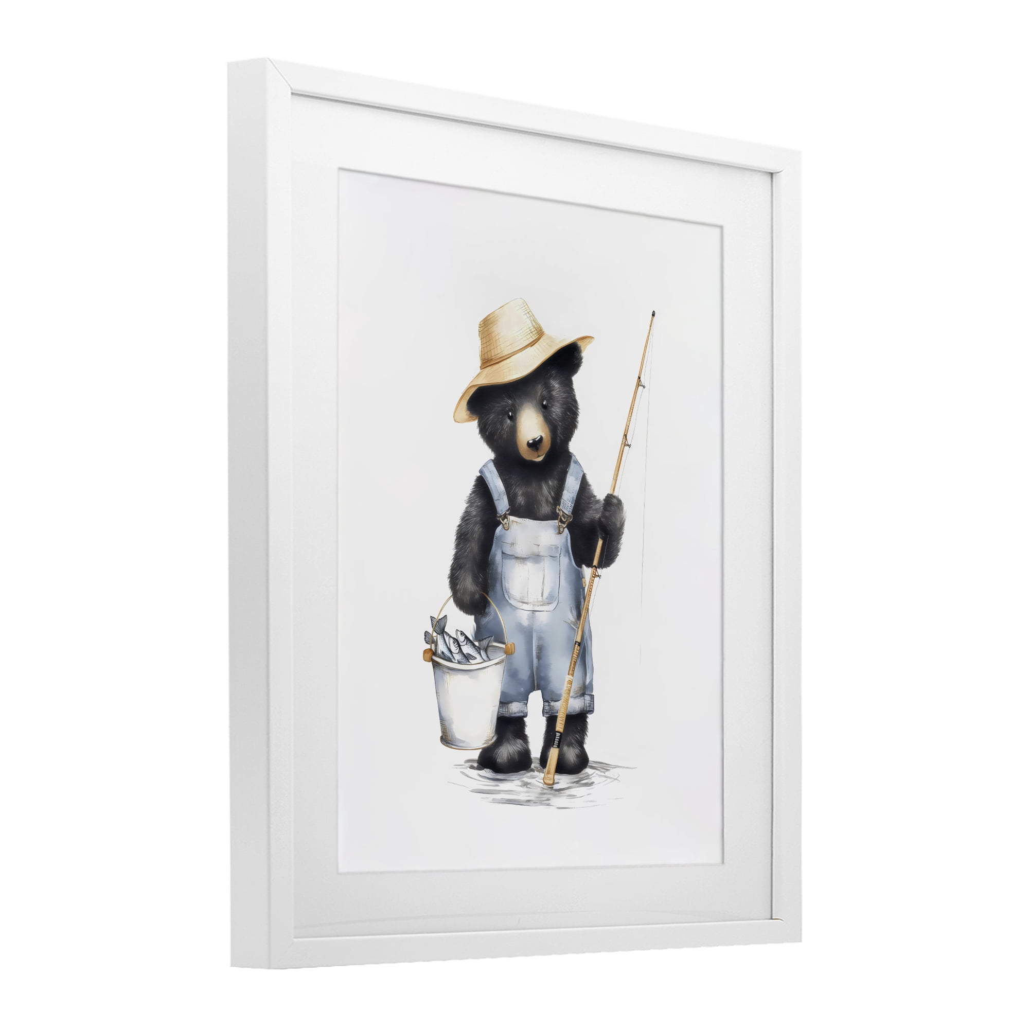 Stupell Industries Fishing Bear in Straw Hat White Framed Print Under Glass, design by Arlington Prints