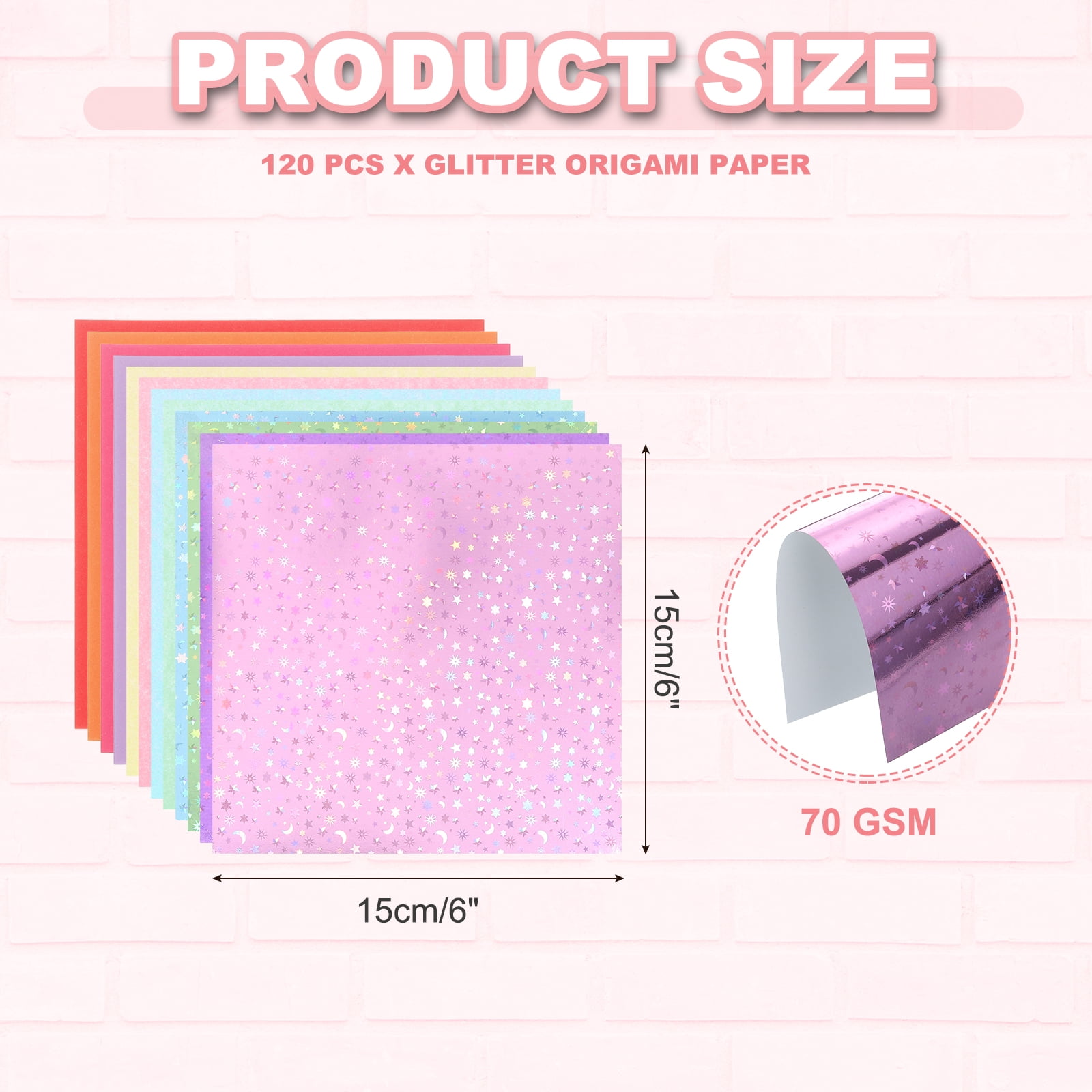 Uxcell Glitter Origami Paper120 Sheets, 6"x6" 70gsm Square Sheet Laser Colorful Easy Fold Paper for DIY Handmade Arts Craft Gift Crane Wedding Party Birthday Decoration