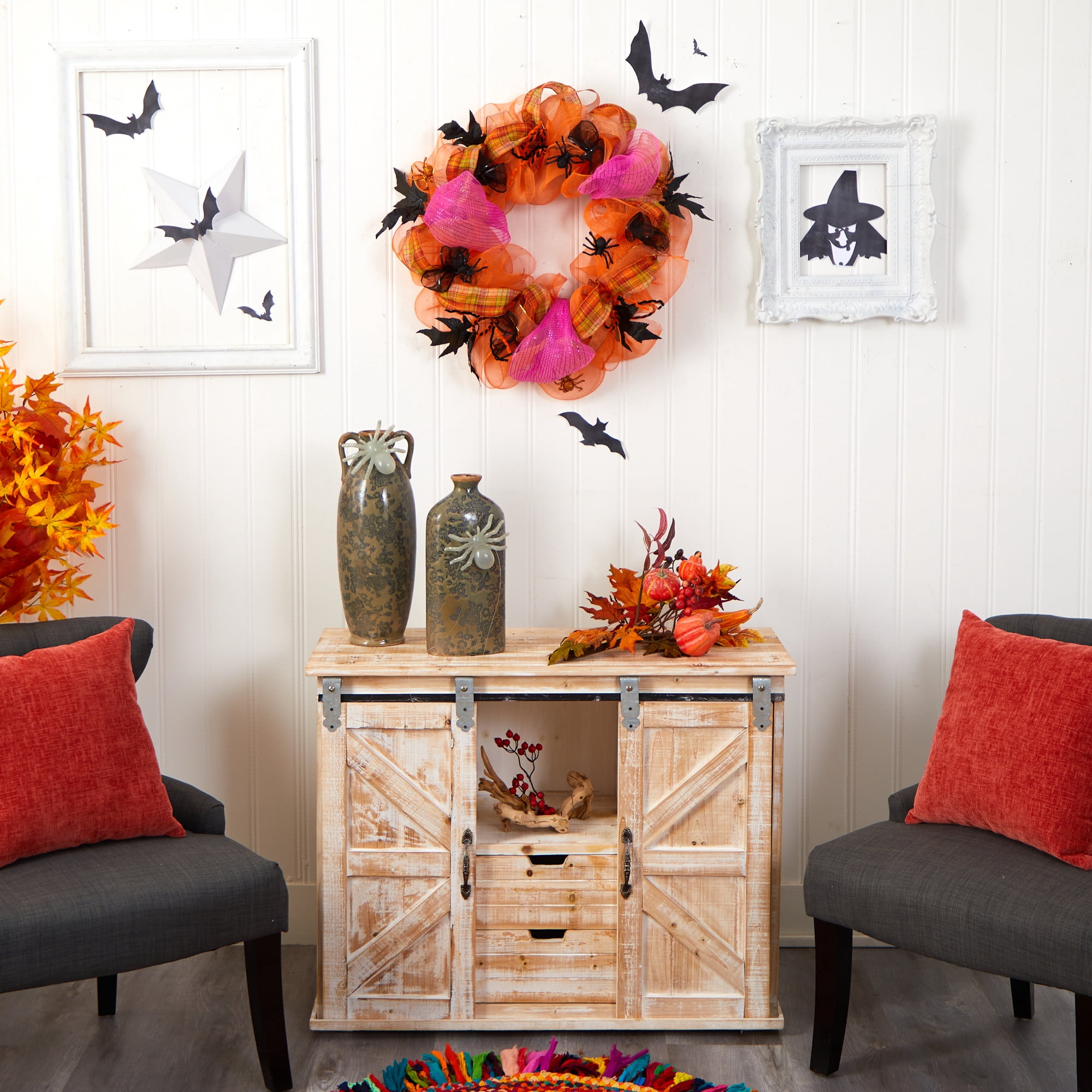 Nearly Natural 26" Halloween Spider Mesh Wreath, Orange