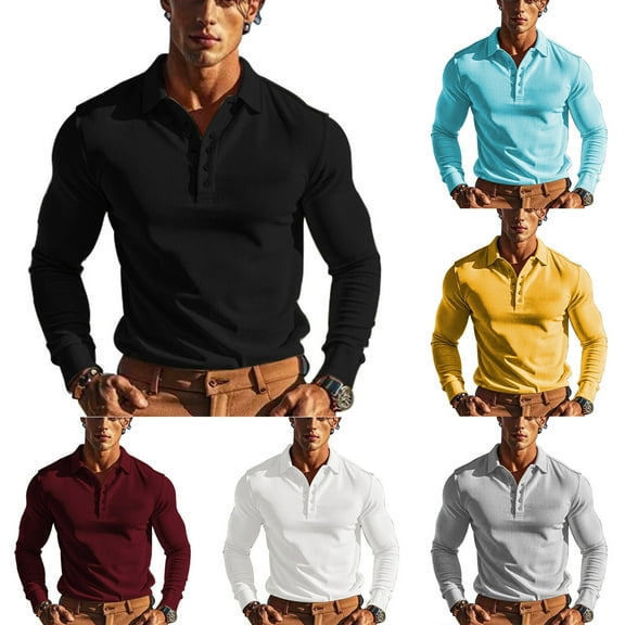 YOIAVAIOY Men's Waffle Knit Shirts Casual Basic Long Sleeve Button Down T-Shirt Fashion Lapel Collar Slim Fit Soft Pullover Tops Gray M