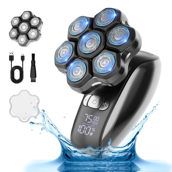 NICEBAY 7-Blade Electric Head Shaver for Men, Floating Magnetic Rotary Head, IPX7 Wet/Dry, Cordless, LED Display, Type-C Rechargeable, Gray