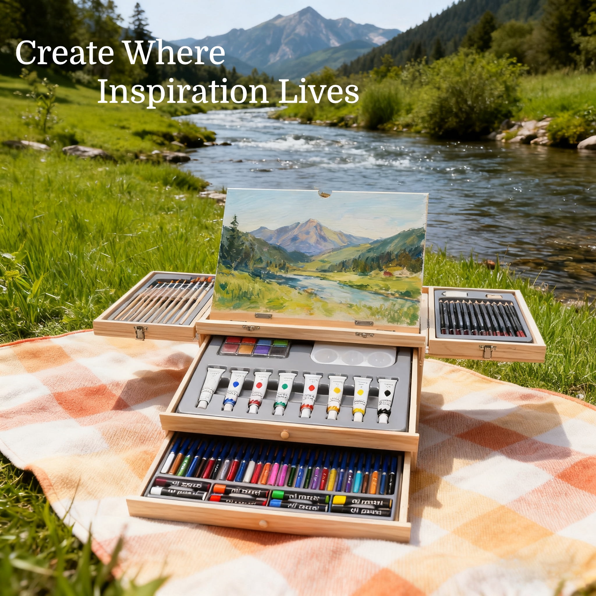 Professional Wooden Tabletop Art Easel for Painting, Acrylic Paint Set with Acrylic Paints, Sketch Pads, Brushes and Palette for Adults, Beginners, Professional, Arts