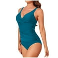thumbnail image 5 of Women's One-Piece Swimsuit Tummy Swimsuits for Women Slim Fitting One-Piece Bathing Suit Retro Ruched Push up Vintage Padded Swimwear with Adjustable Strap Holiday Beach Wear Blue M, 5 of 7