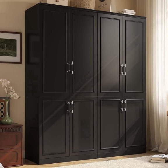 MEISSALIVVE Wardrobe Closet with 8 Doors and Hanging Rod, 74.8" Freestanding Armoire Storage Cabinet, Large Modern Bedroom Wardrobe, Black