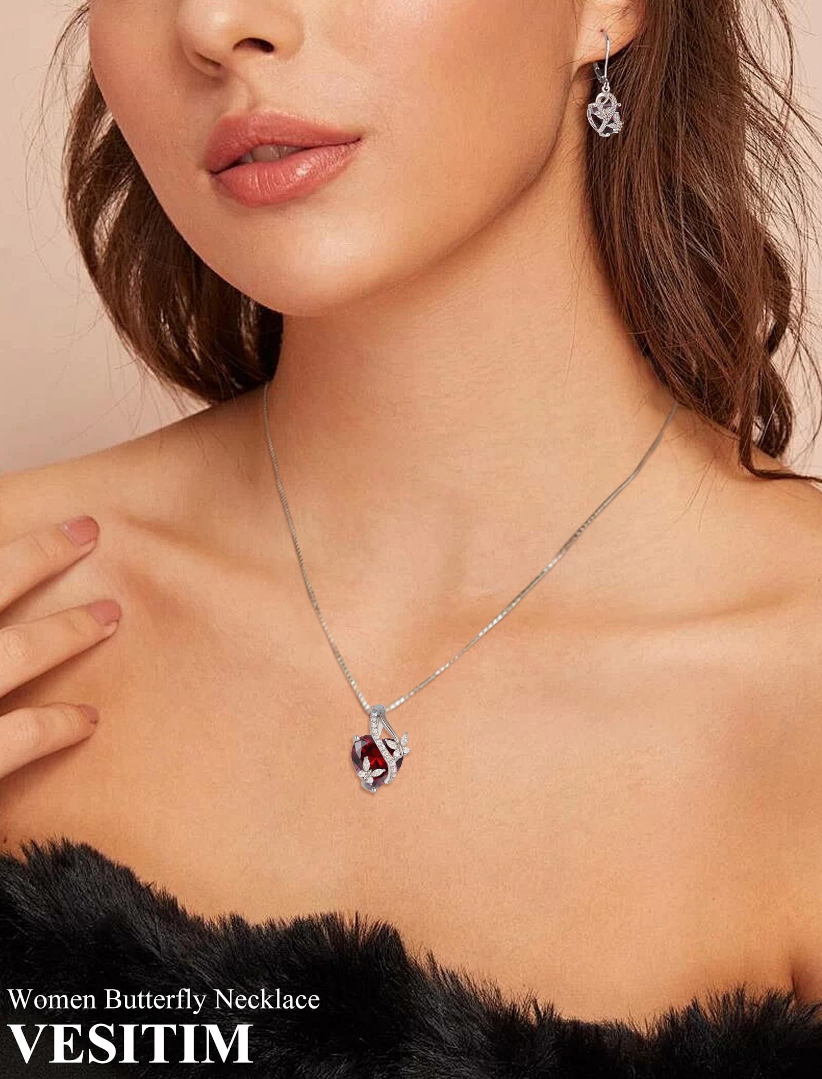 VESITIM Infinite Heart Pendant Sterling Silver Butterfly Necklace for Women Jewelry Gift with Birthstone January Created Garnet