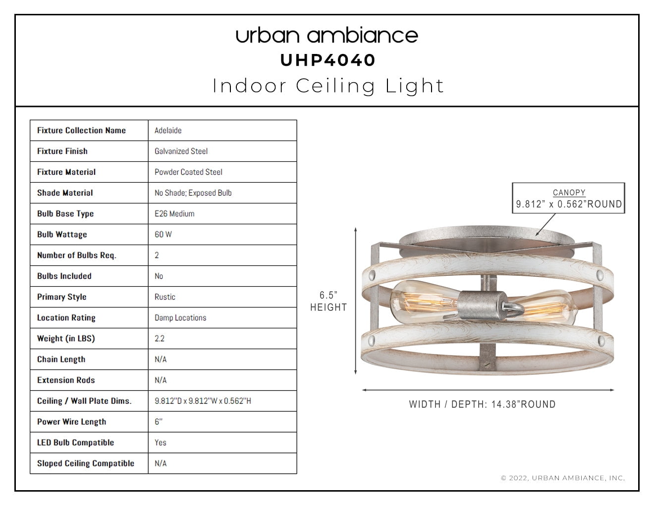 Luxury Farmhouse Ceiling Light, 6.5H x 14.375W, with Modern Farmhouse Style, Galvanized Steel, UHP4040 by Urban Ambiance