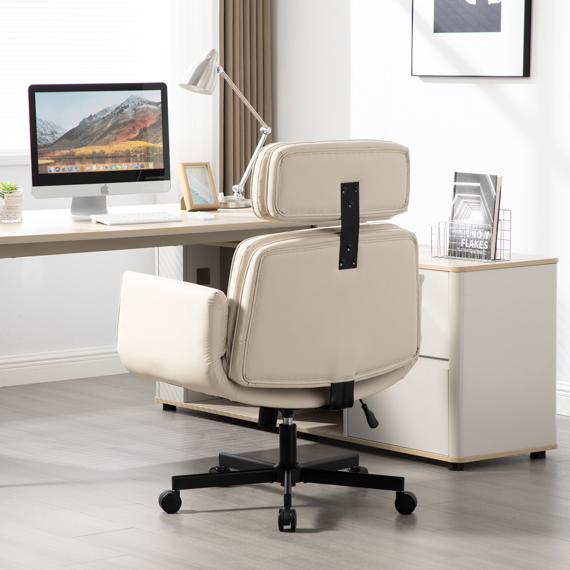 Office Chair, Desk Chair, Task Chair&nbsp;with Adjustable Armrests, PU Leather Criss Cross Chair with Wide Seat and Headrest for Home Office, Gaming, Makeup, Beige
