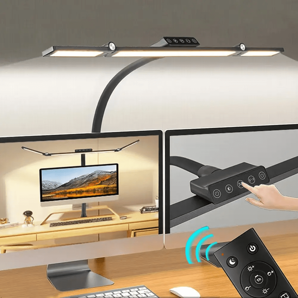 Large LED Desk Lamp with Clamp, 24W Double Head Desk Light, Stepless Dimmable Swing Arm Office Lamp with Remote for Home Office, Study