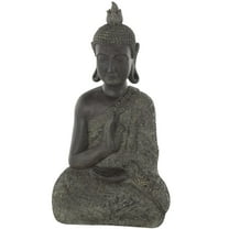 11" x 21" Brown Polystone Meditating Buddha Sculpture with Engraved Carvings and Relief Detailing, by DecMode
