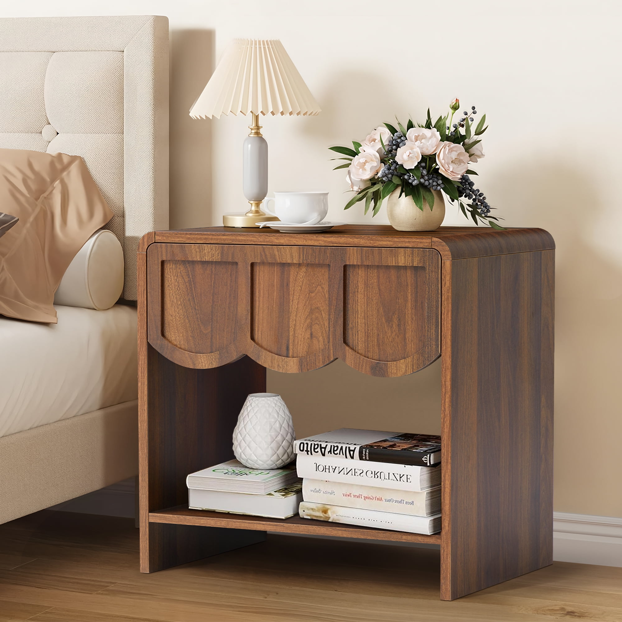 Wirrytor Farmhouse Walnut Fluted Nightstands Set of 2, Mid-Century Chic End Table with Drawer and Open Shelf Storage, Curved Edge Bedside Table for Bedroom Living Room