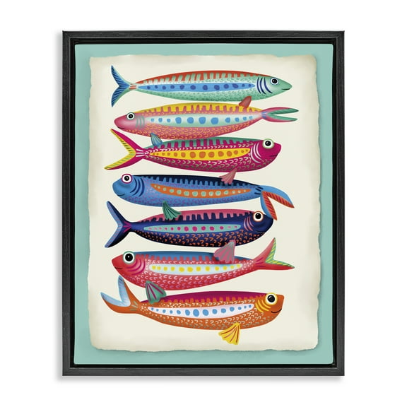 Stupell Industries Multi Hued Sardines Nautical & Beach Painting Black Floater Framed Canvas Art Print Wall Art, 17 x 21