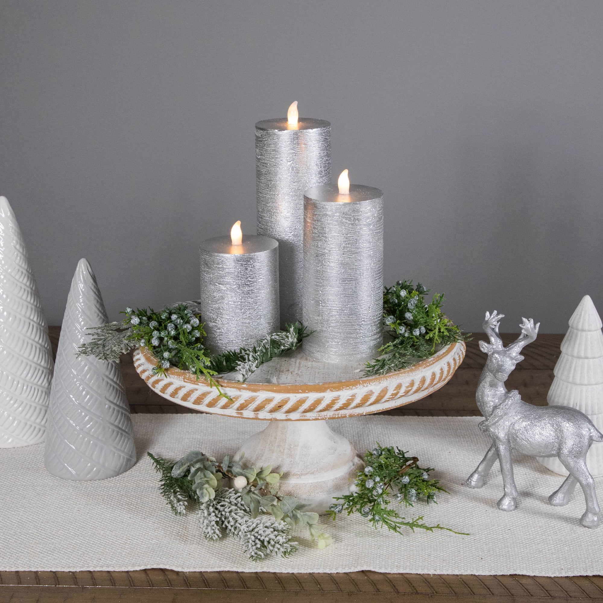Northlight Flameless Flickering LED Wax Pillar Candles - 8" - Brushed Silver - Set of 3