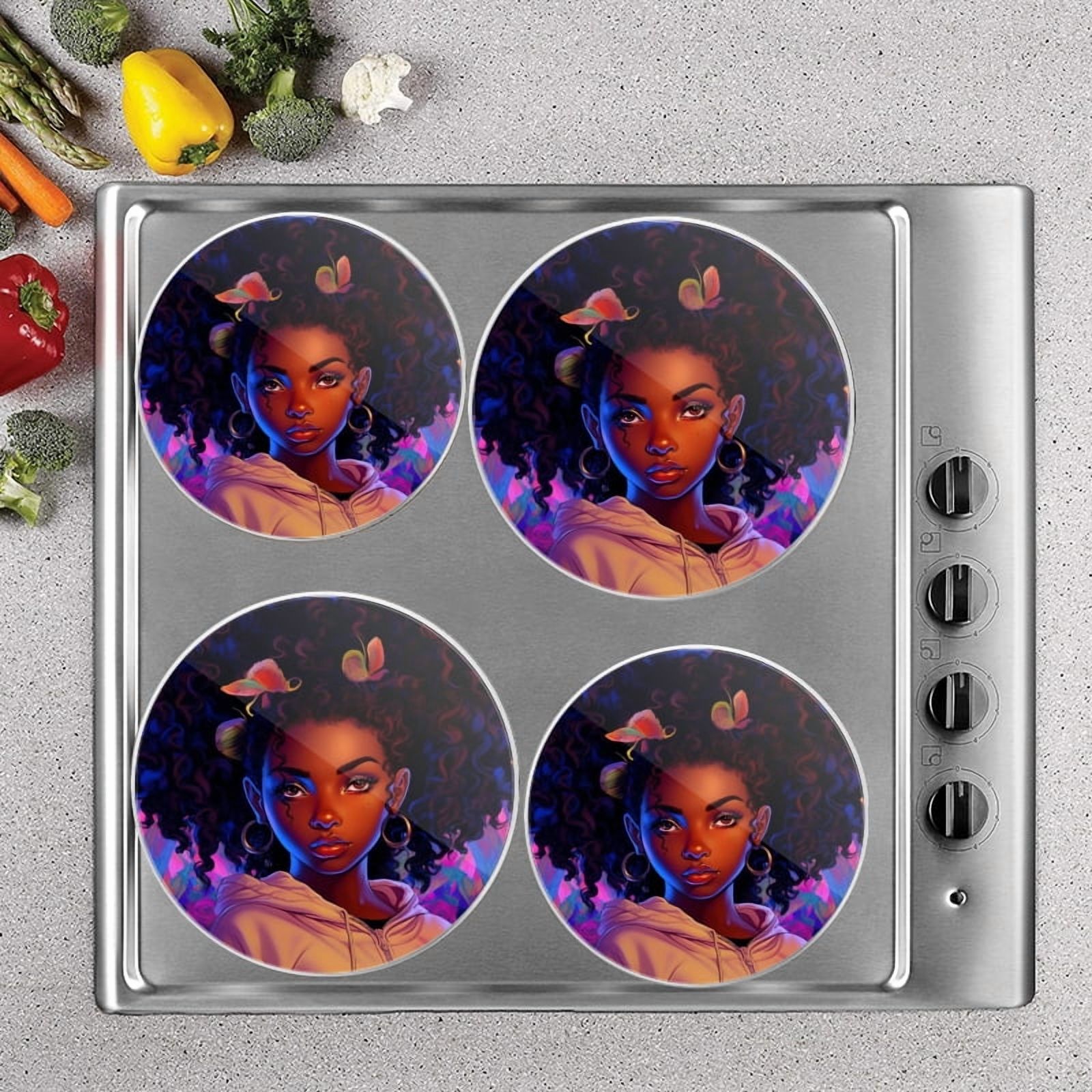 BaHomeck Electric Stove Burner Covers Set of 4,Round Metal Gas Stove Burner Covers 8 Inch and 10 Inch,Kitchen Decor,Beautiful African American Woman With Big Voluminous Curly Hair