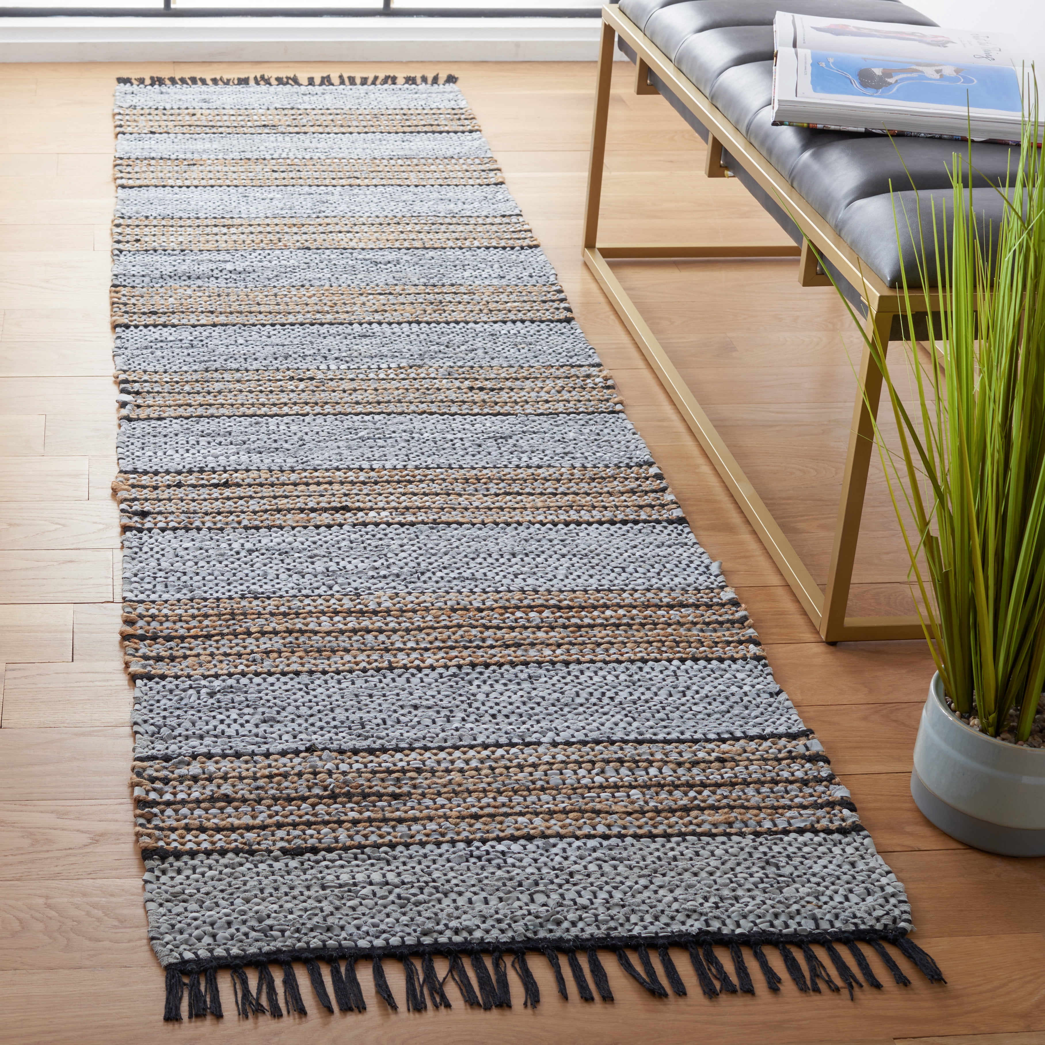 SAFAVIEH Vintage Leather Crawford Striped Runner Rug, Silver/Natural, 2'3" x 9'