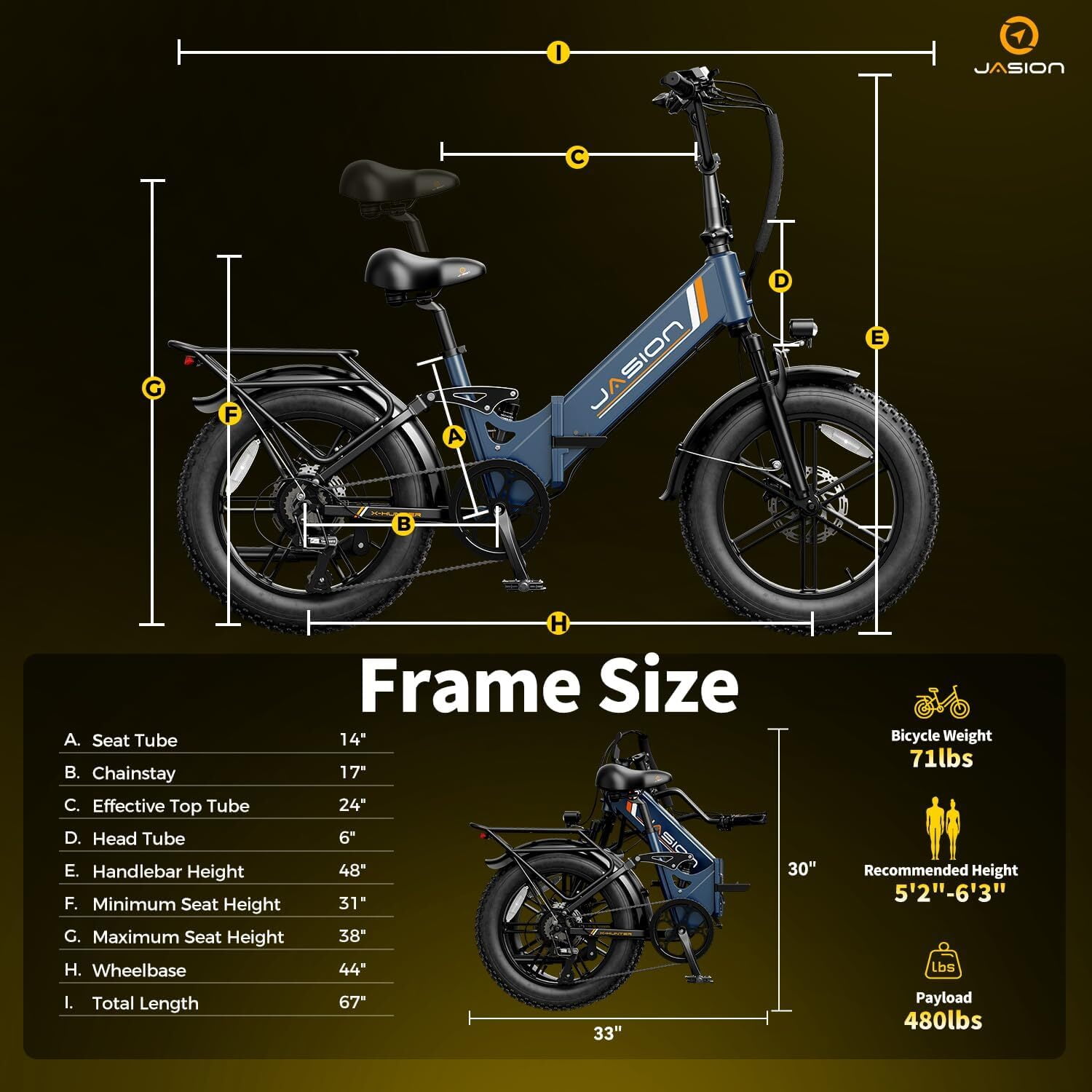 Jasion X-Hunter ST Electric Bike, 750W Foldable Ebike with 48V 13AH Removable Battery, 20'' Fat Tire Electric Bicycles for Adults, Full Suspension, UL 2849