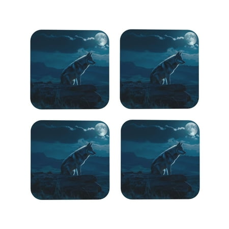 

Coasters Set of 4 - Lonely Night Wolf Drink Coasters for Tabletop Protection Leather Coasters for Living Room Decor and Housewarming Gift Square
