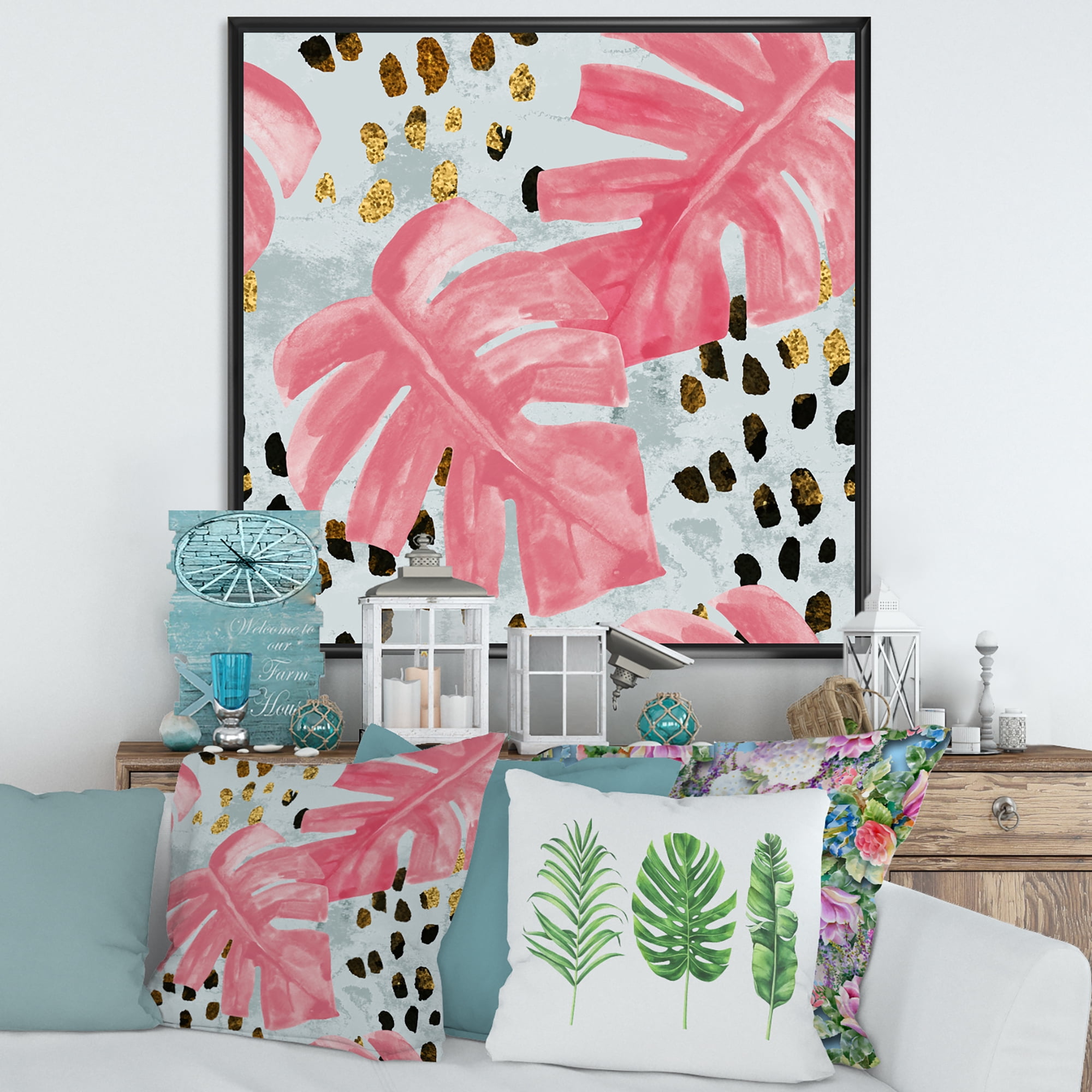 Designart 'Rough Brush Strokes Pink Colored Monstera II' Tropical Framed Canvas Wall Art Print