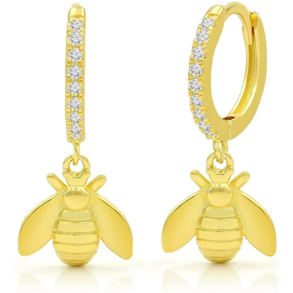 925 Sterling Silver Gold Plated Bumblebee Dangle Drop Earring, Minimalist, Micro Pave, CZ Cubic Zirconia, Giorgio Bergamo