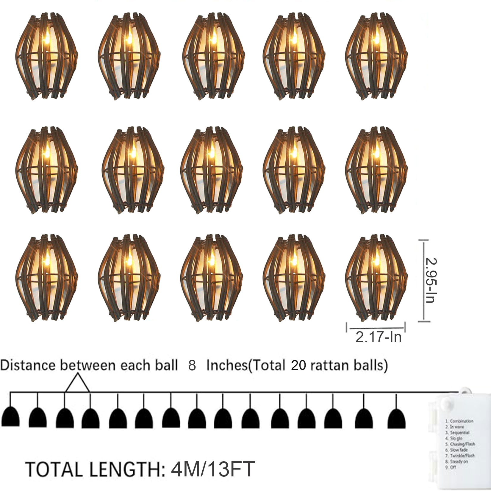 Decorative Lantern Rattan String Lights - Decorative Christmas String Lights, 13ft 20 Lights Indoor Outdoor Patio String Lights for Bedroom Home Pergola Porch Party Backyard