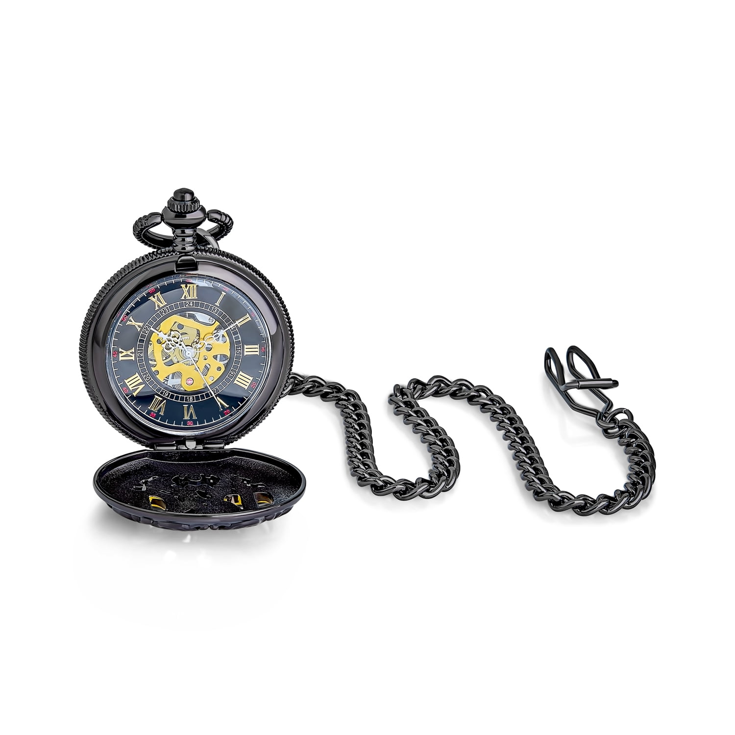 Bling Jewelry Vintage Style Open Face Two Tone Daddy Father Gift Word Dad Pocket Watch For Men Numeral Skeleton Dial Black Gunmetal Gold Plated Finish