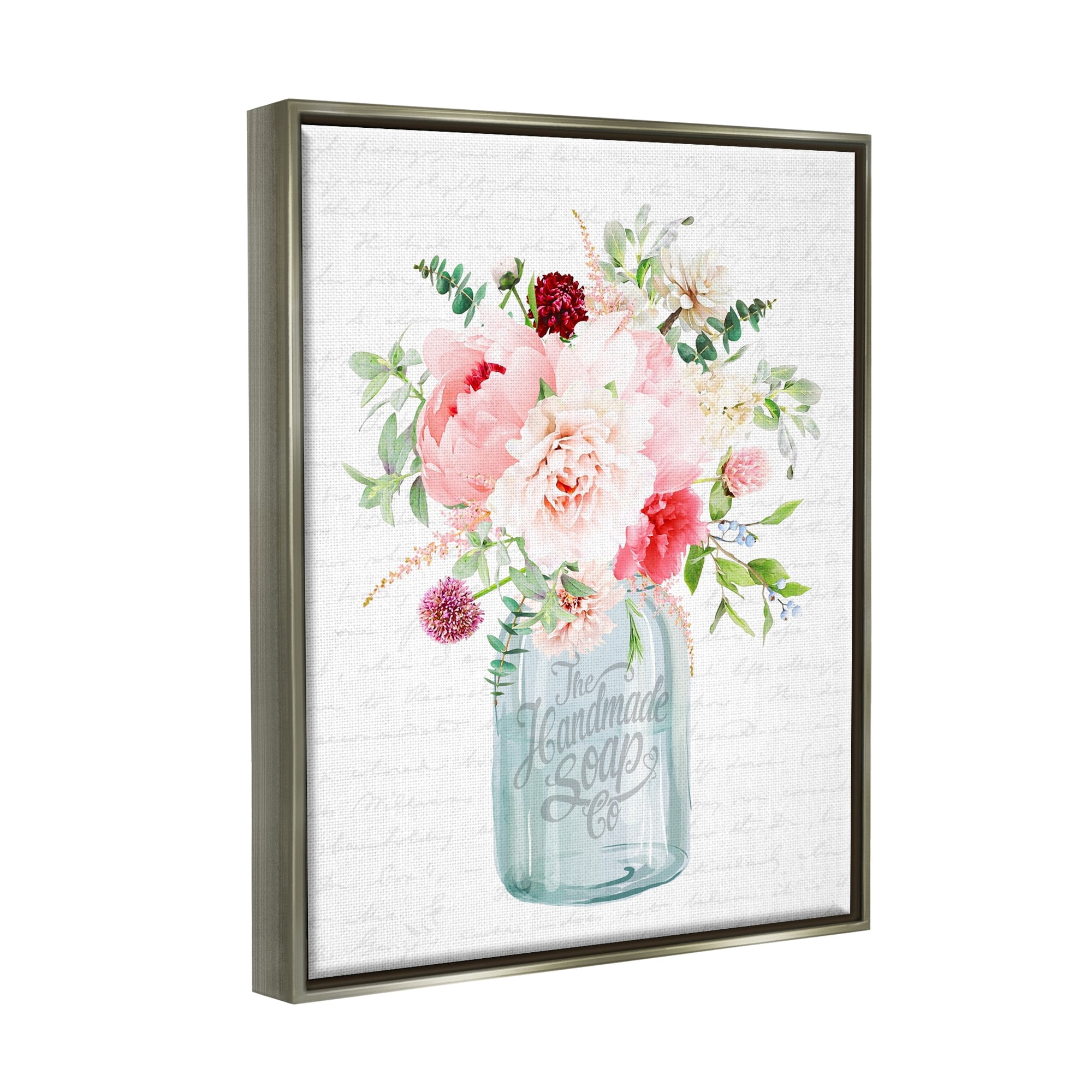 Stupell Industries Bright Pink Floral Bouquet Cursive Script Pattern Graphic Art Luster Gray Floating Framed Canvas Print Wall Art, Design by Lettered and Lined