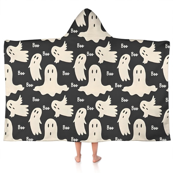 Halloween Ghost Boo Pattern Hooded Bath Towel,50"x30" for Ages 3 To 12 Kids, Quick Dry Lightweight Soft Microfiber Hood Beach Towel Cover Up for Kids