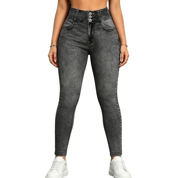 Kilaqueen Women's Faux Denim High Waist Skinny Jeggings with Button Detail, Pull On Stretch Leggings for Casual Outings, Travel and Everyday Wear